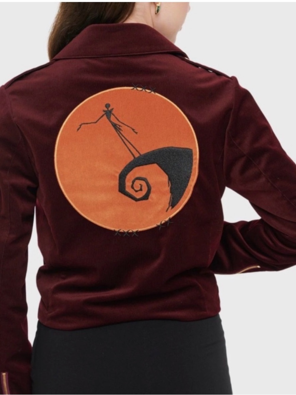Women's Burgundy Embroidered Velvet Jacket - Jack Skellington Motif Size M